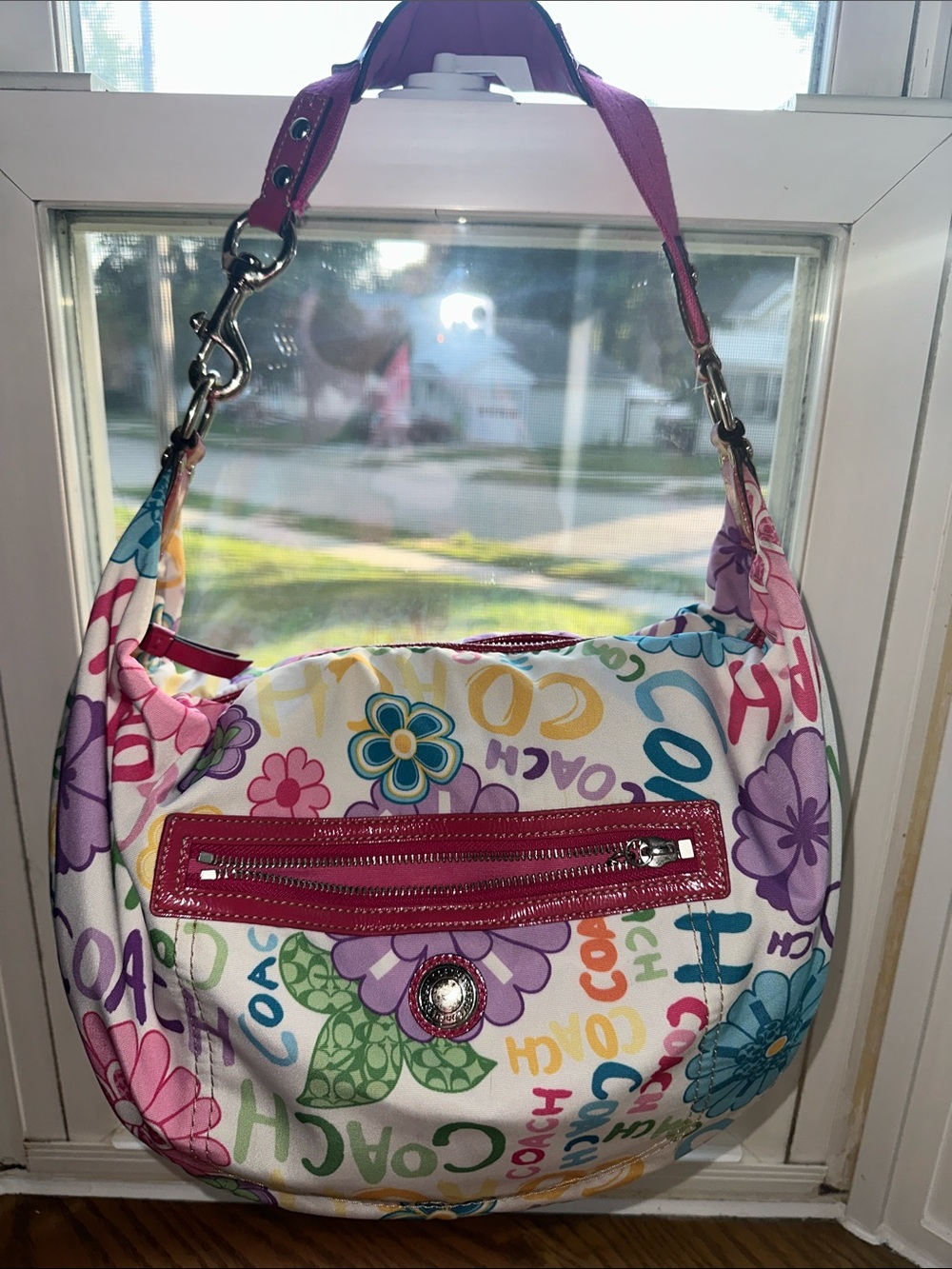 Coach Multicolor Floral Canvas Shoulder Bag with Pink Trim